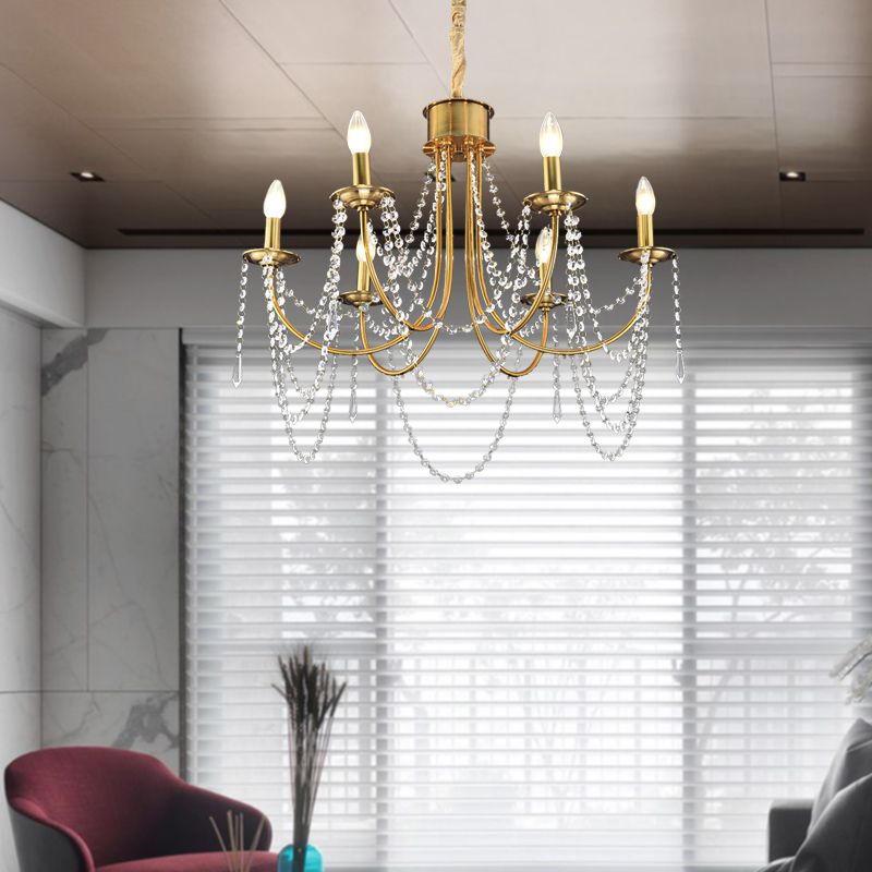 6 cabezas estilo vela colgante de techo lámpara de techo de cuentas de cristal de oro moderno