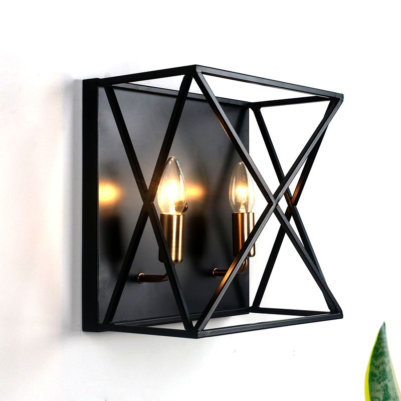 Squared Metal Sconce Light Fixture Farmhouse Style 2 Bulbs Black Finish Wall Lamp with Wire Frame