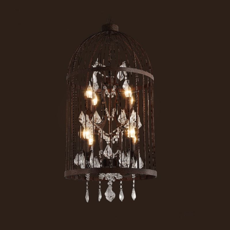 Farm Style Birdcage Chandelier Lamp Metal Pendant Light with Clear Crystal Drapes