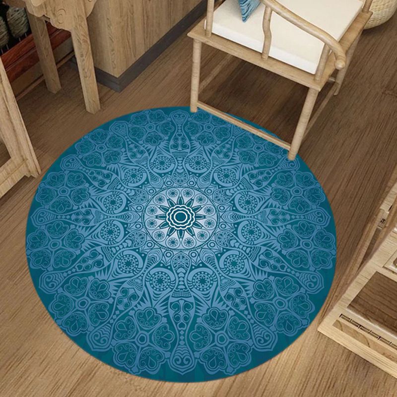 Stylish Floral Print Rug Blue Persian Rug Flannel Non-Slip Backing Washable Carpet for Living Room