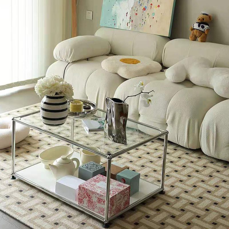 16.53"H Rectangle Glass Coffee Table Stainless Steel Frame Cocktail Table