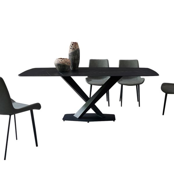 Mesa de comedor rectangular moderno de metal mesa de comedor de piedra sinterizada con base de pedestal