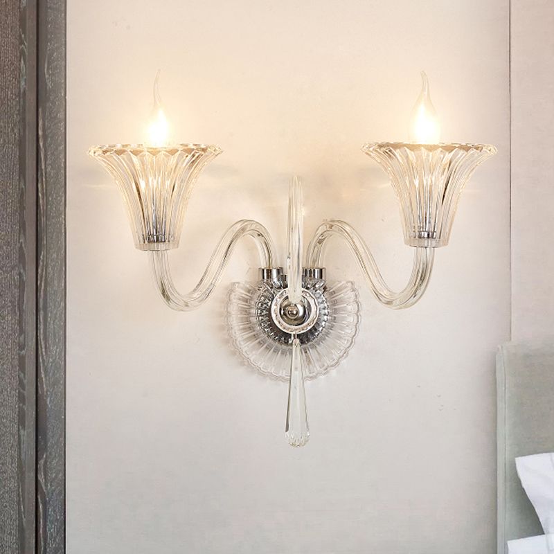 Modern Style Flared Wall Lamp 2-Light Clear Glass Wall Mount Light Fixture with Crystal Accent