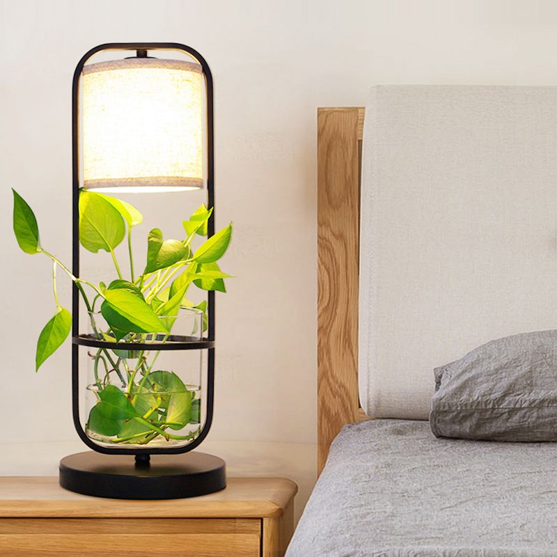 Lampada da tavolo cilindrica in tessuto Art Déco con 1 lampadina, lampada da notte nera con barattolo di vetro trasparente