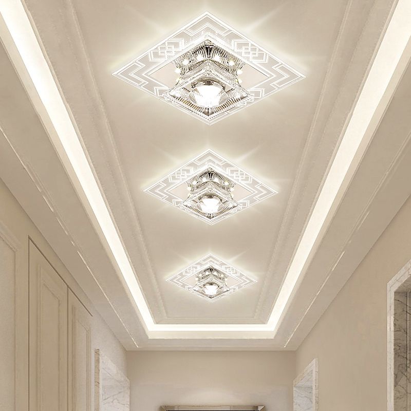 Trapezoid Shaped Clear Crystal Ceiling Lamp Contemporary LED Chrome Flush Mount Light for Corridor