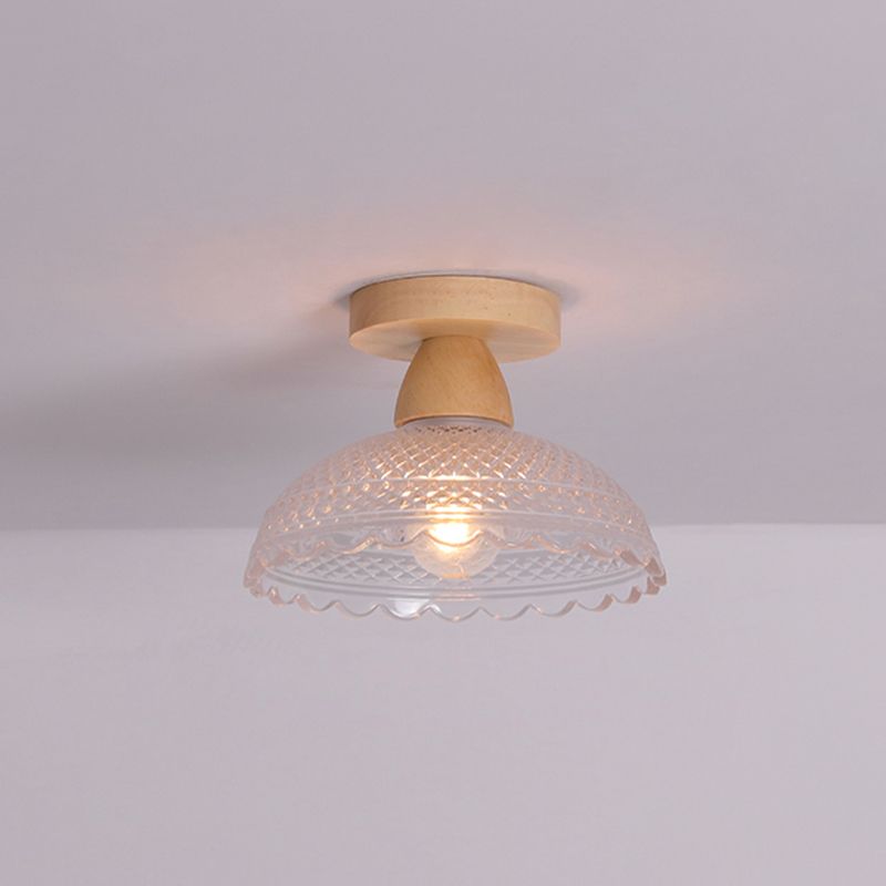 Simple 1-Light Ceiling Light Wooden Ceiling Mount Light with Glass Shade for Living Room