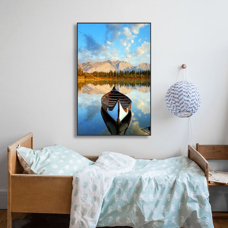 Boat Sunset Lake Scenery Canvas Contemporary Textured Wall Art Decor in Blue-Brown