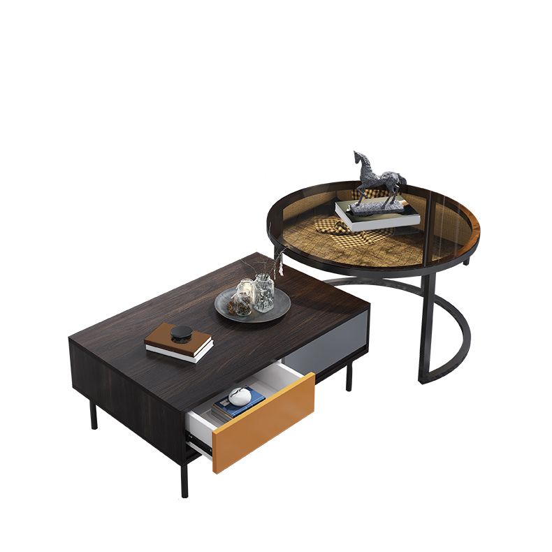 Modern 2 Nesting Coffee Table Set 31.5" W Glass & Wood Cocktail Table with Storage