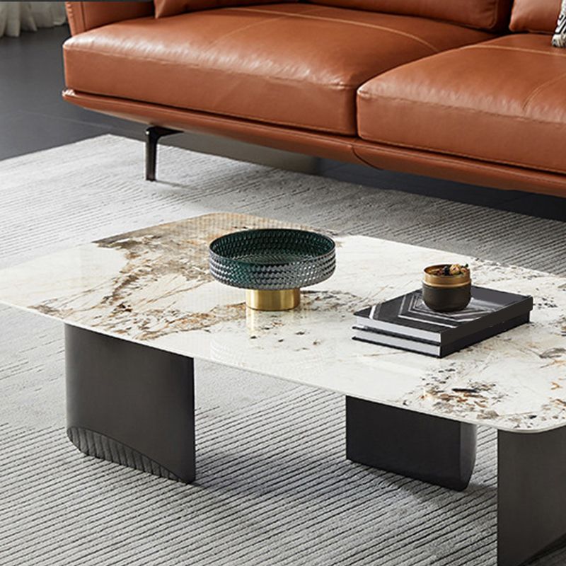 Stone Top Coffee Table with Black Metal Legs for Living Room