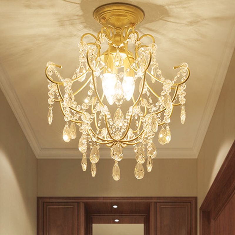 Gold Swooping Arm Semi Flush Light Contemporary Crystal Stands 3 Heads Porch Ceiling Flush