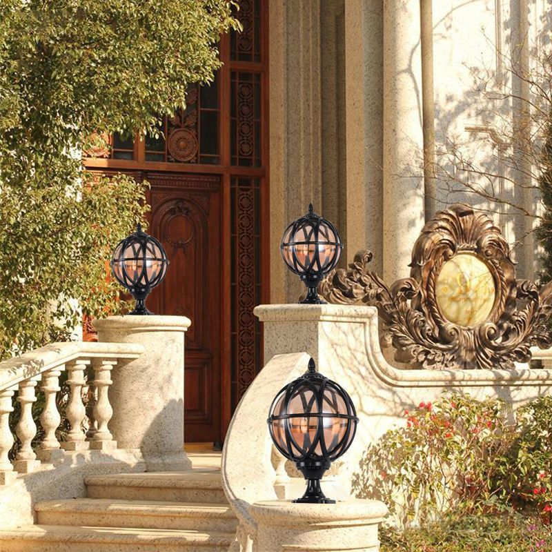 1-Light Waterproof Outdoor Light Spherical Pillar Lamp with Glass Shade for Garden