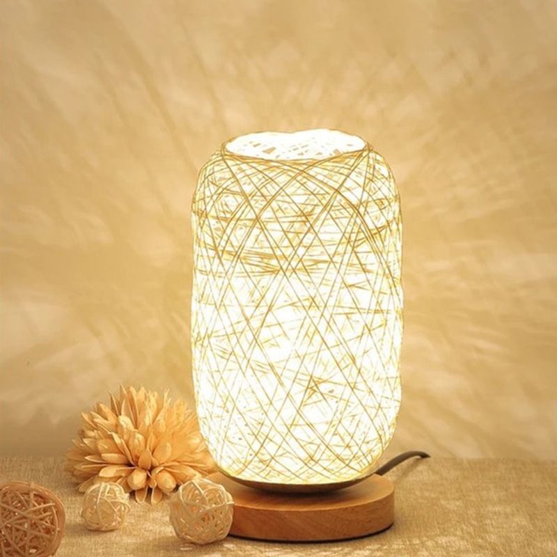 Bamboo Rattan Capsule Night Table Light Modern Asia 1-Light Beige/Coffee Nightstand Lamp
