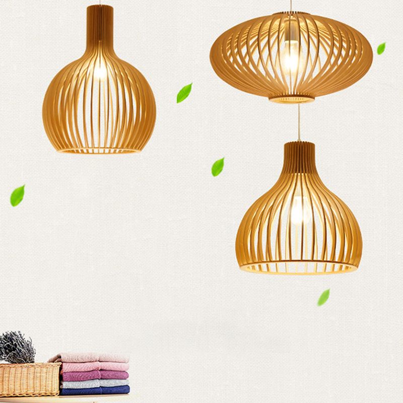 Holz geometrische Form Deckenleuchte chinesischer Stil Single -Anhänger für Esszimmer