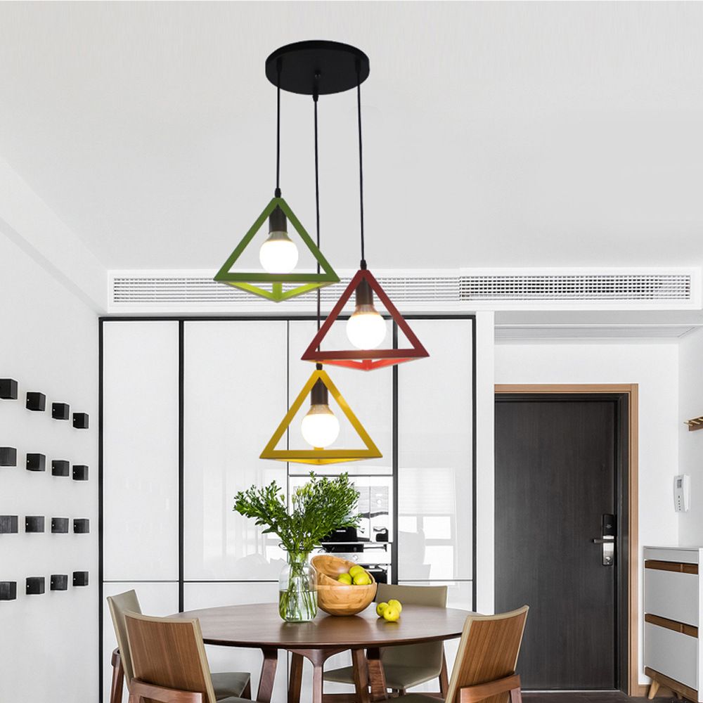 3 Heads Hanging Lamp Retro Industrial Triangle Metallic Pendant Lighting with Wire Guard and Linear/Round Canopy in Black/White