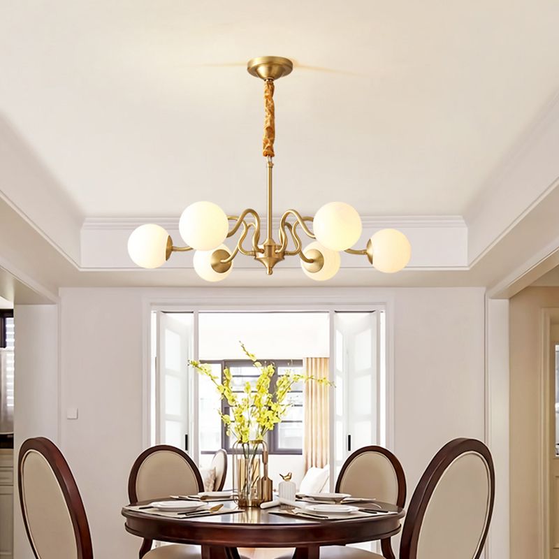 American Style Chandelier White Glass Multi Light Hanging Light with Brass for Bedroom