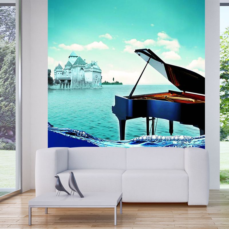 Mediterranean Sea Piano Mural Decal Aqua Stain Resistant Wall Covering for Bedroom