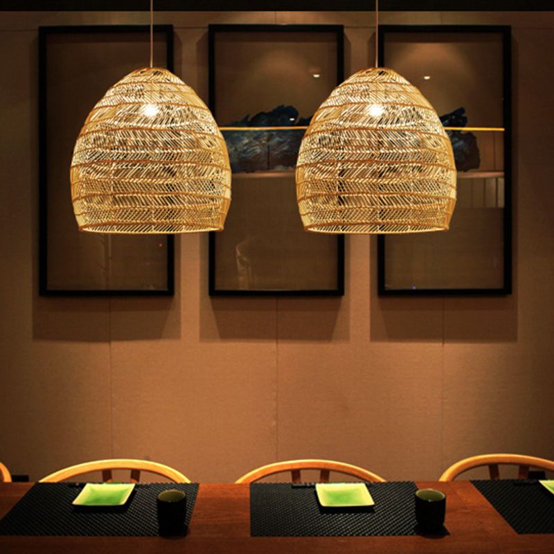 Kit lampada sospeso giapponese a 1 luce beige rattan giù ciondolo illuminazione per sala da studio