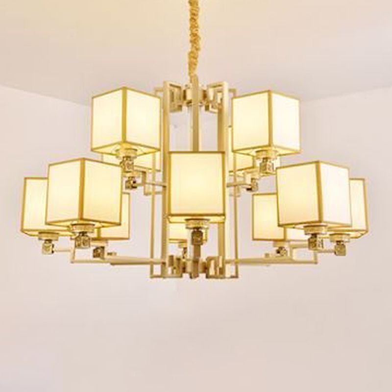 Brass Square Suspension Light Traditional Fabric Lobby Chandelier Light Fixture