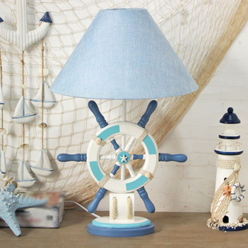 LifeBuoy / Rudder Wooden Table Light Kids Light Blue Blue Nightstand Lampe avec une teinte en tissu conique