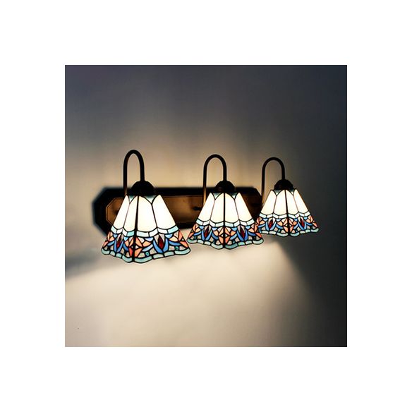 3 Heads Pyramid Vanity Sconce Light Tiffany White Glass Wall Mounted Light for Bathroom