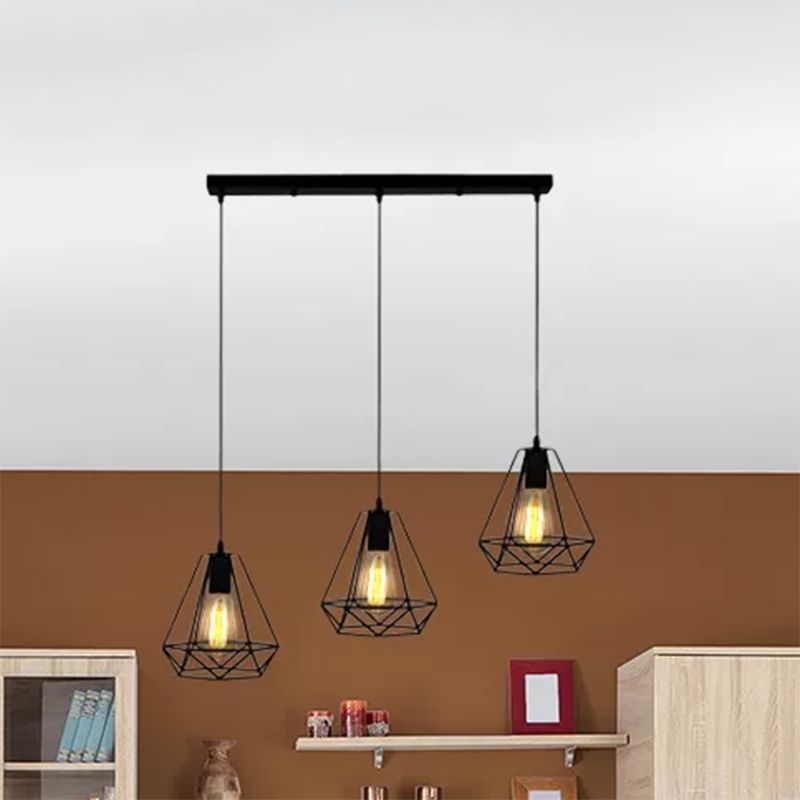 Metal Teardrop Cage Hanging Lighting Vintage Industrial 3 Lights Living Room Pendant Light in Black