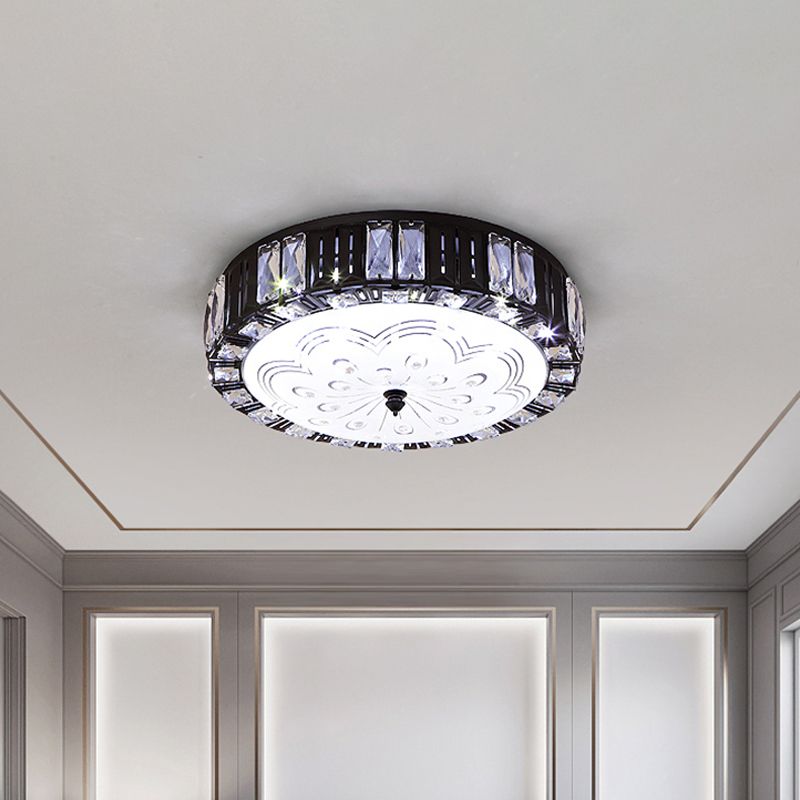 Black Drum Flush Mount Lighting Modernist Metal LED Bedroom Flush Lamp with Crystal Accent