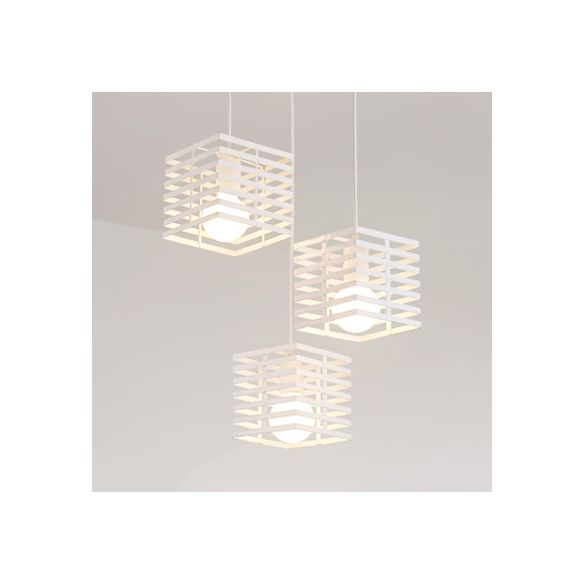 3 Lights Cubic Hanging Lamp with Cage Shade Retro Industrial Black/White Metal Pendant Lighting