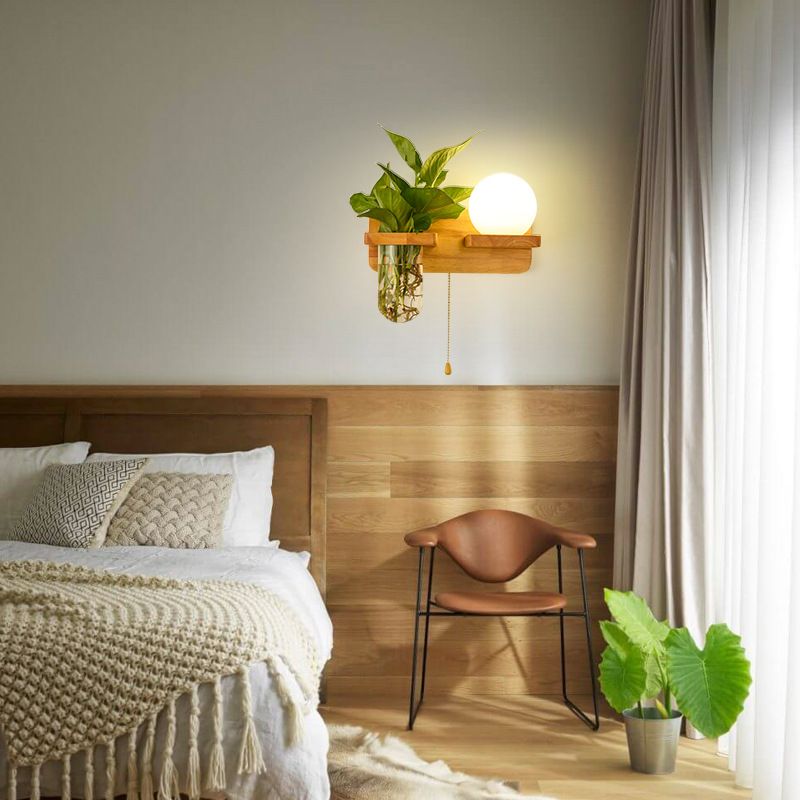 Modern Style Ball Shape Wall Light Wood 1 Light Sconces for Bedroom without Plant