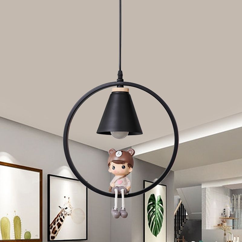 Cartoon Tapered Hanging Light Metal 1 Light Bedroom Pendant Lamp with Ring and Girl/Boy/Deer Decor in Black/White