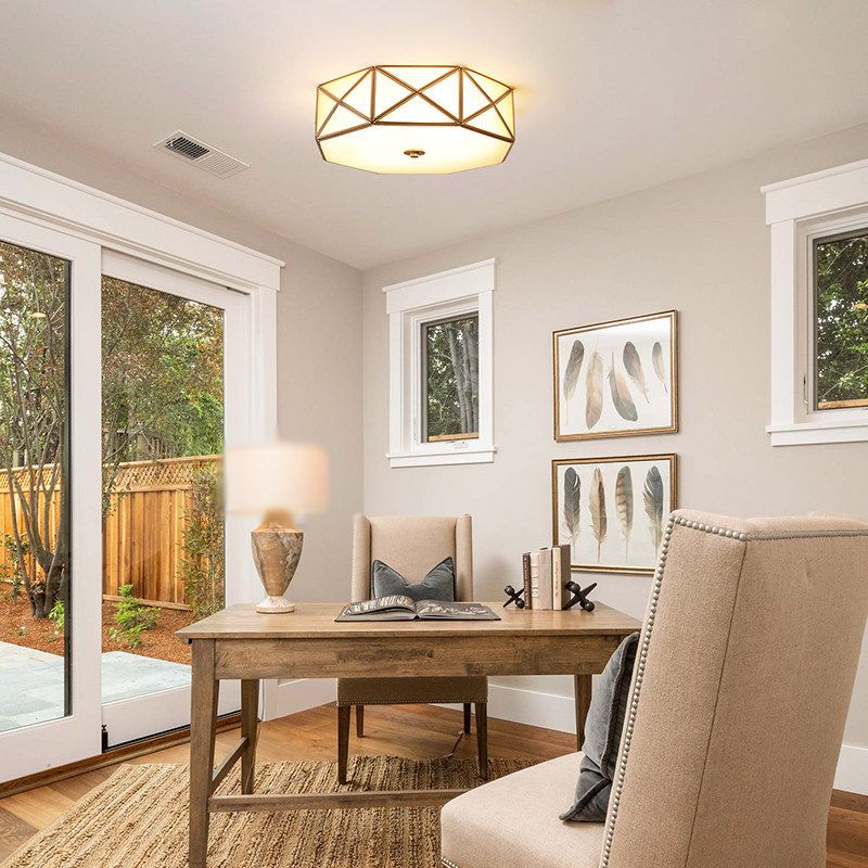 Geometric Shaped Bedroom Flush Light Simplicity Cream Glass Gold Flush Ceiling Light Fixture