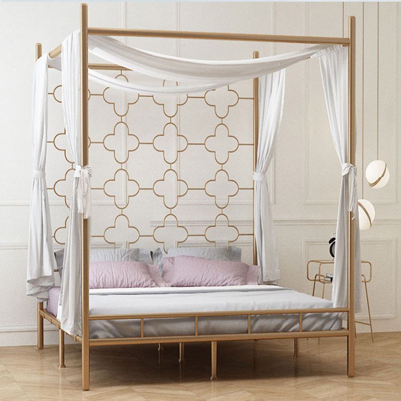 Metal Four Poster Bed with Open-Frame Headboard, Glam Standard Bed