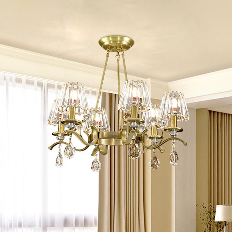 Gold Finish Wheel Chandelier Postmodern Metal 6-Head Living Room Hanging Lamp with Cone Crystal Shade