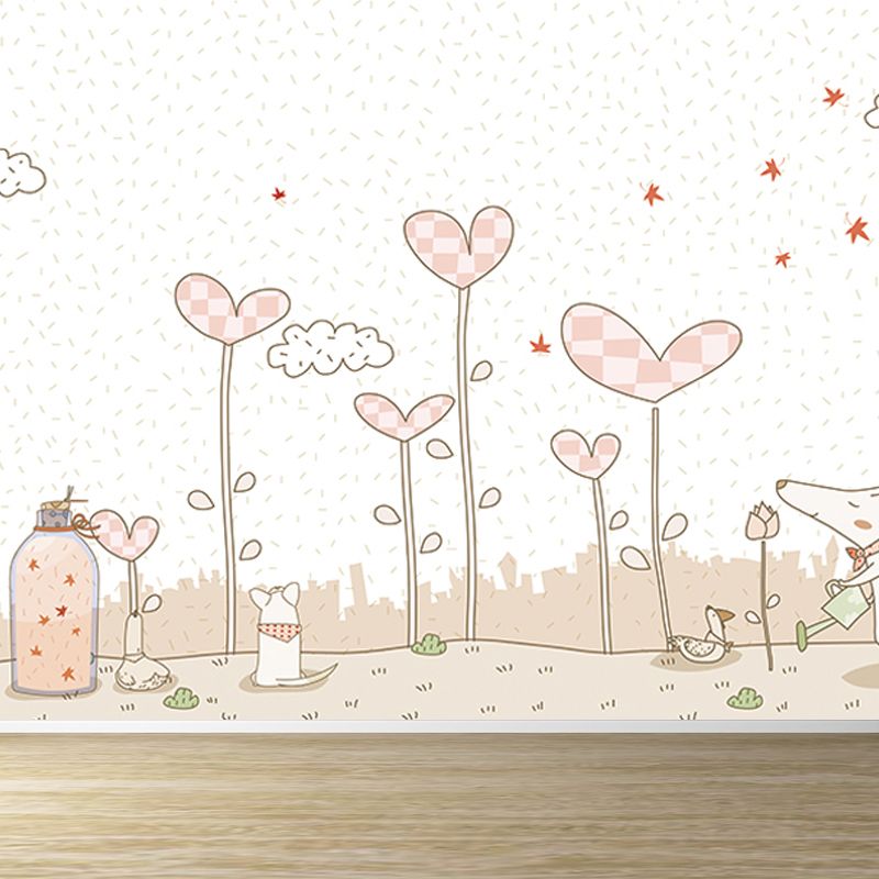 Pink Cartoon Wall Covering Mural Whole Heart-Shaped Plant Wall Art for Kids Bedroom