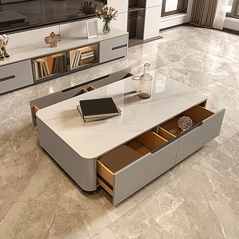 Iron Pedestal Base Coffee Table with Storage Drawers and Slate Top
