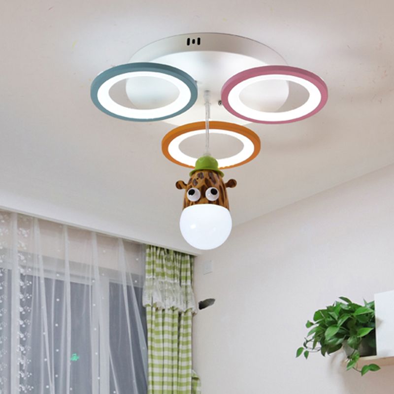 Acrylic Circles Pendant Light Cartoon Style LED White Finish Hanging Lamp with Giraffe/Horse Design for Bedroom