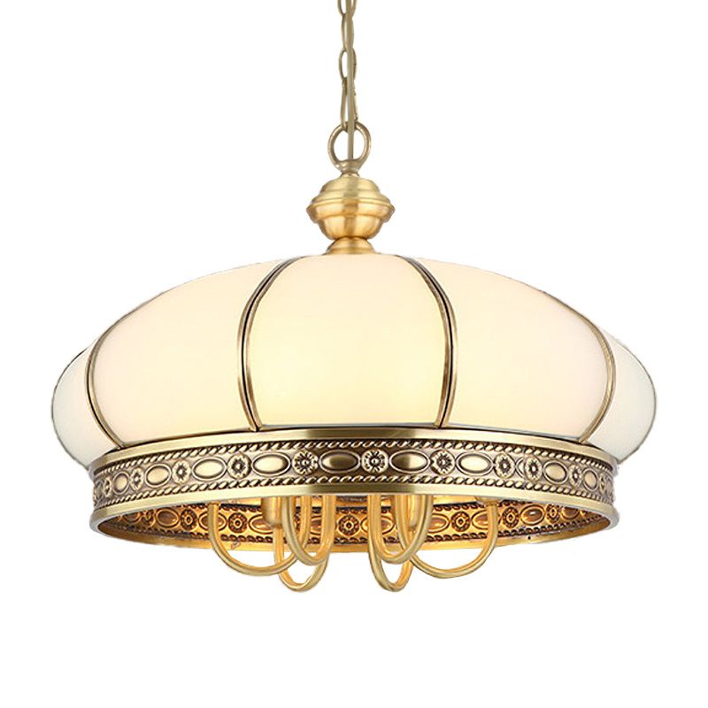 Colonial Oval Hanging Pendant 6 Heads Frosted White Glass Chandelier Lighting Fixture in Gold