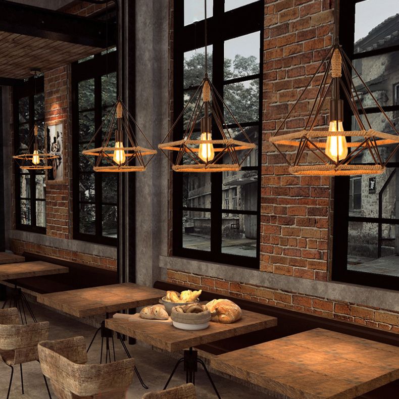 Diamond Cage Rope Ceiling Pendant Light Vintage Style Restaurant Pendant Ceiling Light in Beige