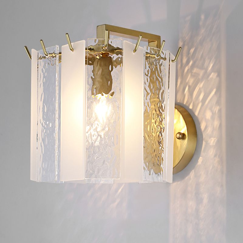 Drum Wall Sconce Light Contemporary Frosted Glass and Waterglass 1 Light Gold Wall Light Fixture