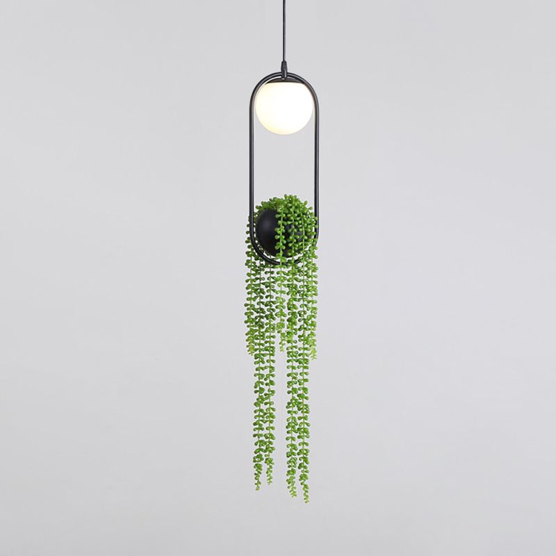 Spherical Bedroom Hanging Lamp Industrial White Glass 1-Bulb Black Plant Pendant with Oval Cage