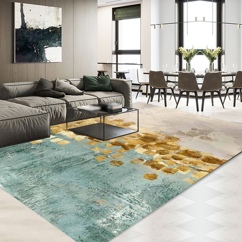 Blue and Yellow Contemporary Rug Polyester Abstract Rug Non-Slip Backing Washable Carpet for Living Room