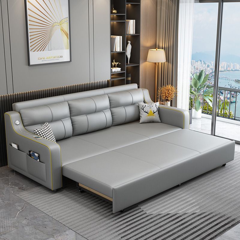 Contemporary Grey Bonded Leather Sleeper Sofa with Box and Cushion Back