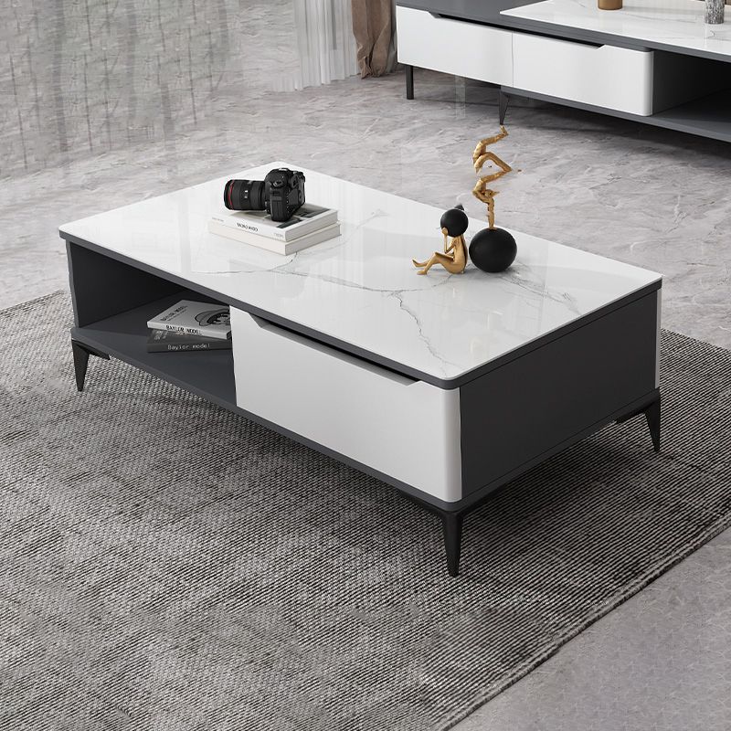Stone 4 Legs Cocktail Table Rectangle Single Coffee Table with Drawer