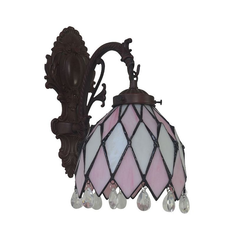 1 Light Lattice Bowl Wall Lamp Tiffany Bronze Finish Stained Glass Sconce Light Fixture with Crystal Accent