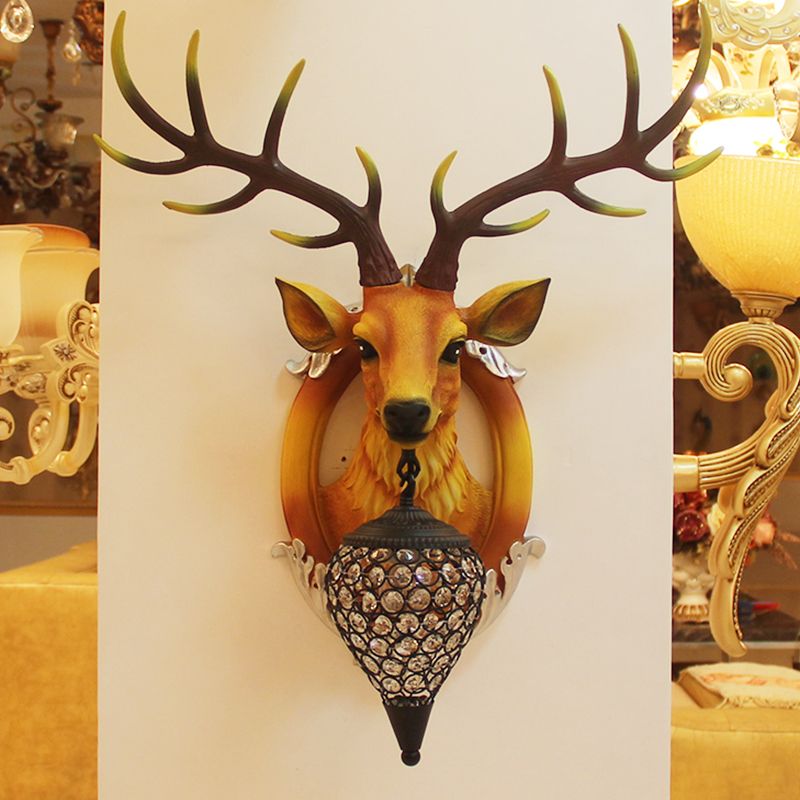 Brown Faux Deer Head Sconce Lamp Farmhouse Resin 16"/21" Wide 1 Bulb Living Room Wall Mounted Light with Drop Crystal Shade