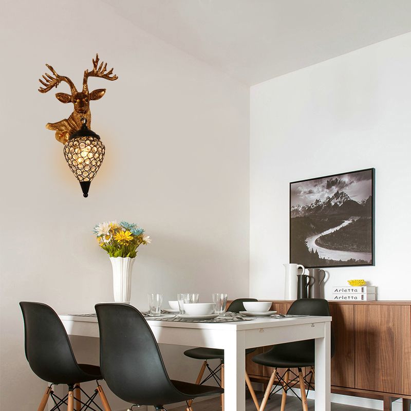 Sika Deer Head Dinette Sconce Ideas Countryside Resin Single Gold Wall Lamp Fixture with Teardrop Crystal Shade, Left/Right