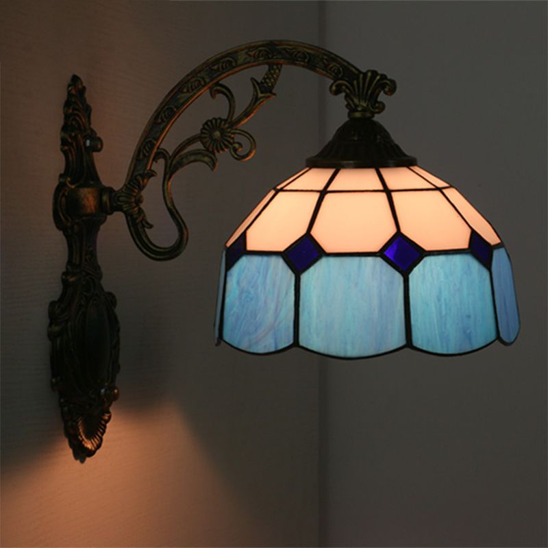 Grid Glass Scalloped Wall Light Tiffany Style 1 Head Orange/Blue/Pink Wall Mounted Lighting Fixture