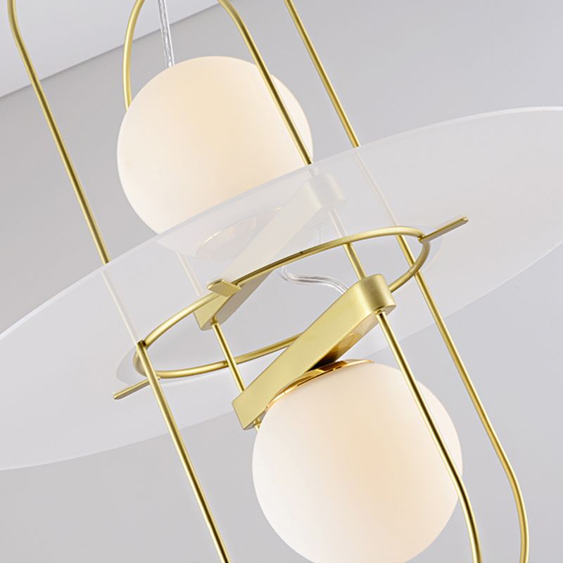 Lámpara de diseño de lámpara de lámpara de orbe de vidrio blanco 2 luces 2 luces colgantes de cocina con diseño de marco ovalado