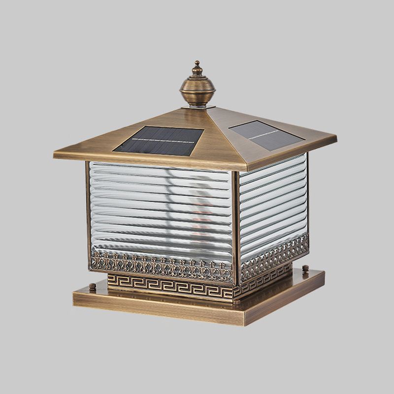 Rectangle Shape Metal Pillar Lamp Modern Style 1 Light Solar Outdoor Light in Brass