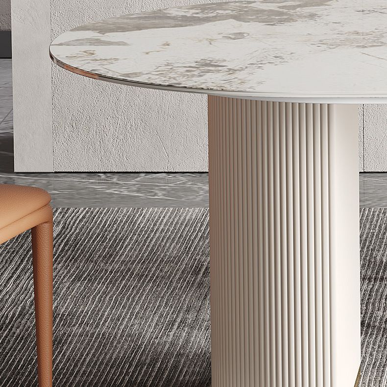 Glam Oval Dining Table Stone Top Dining Table with Double Pedestal in White