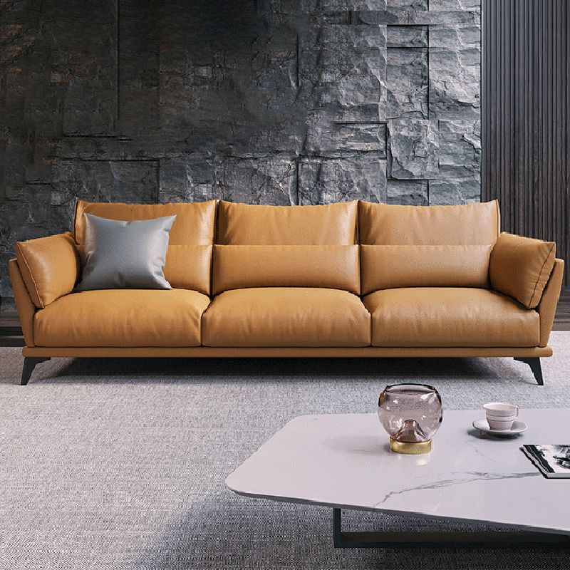 Genuine Leather Square Arm Bench Seating with Bolster Pillows Brown Settee Furniture